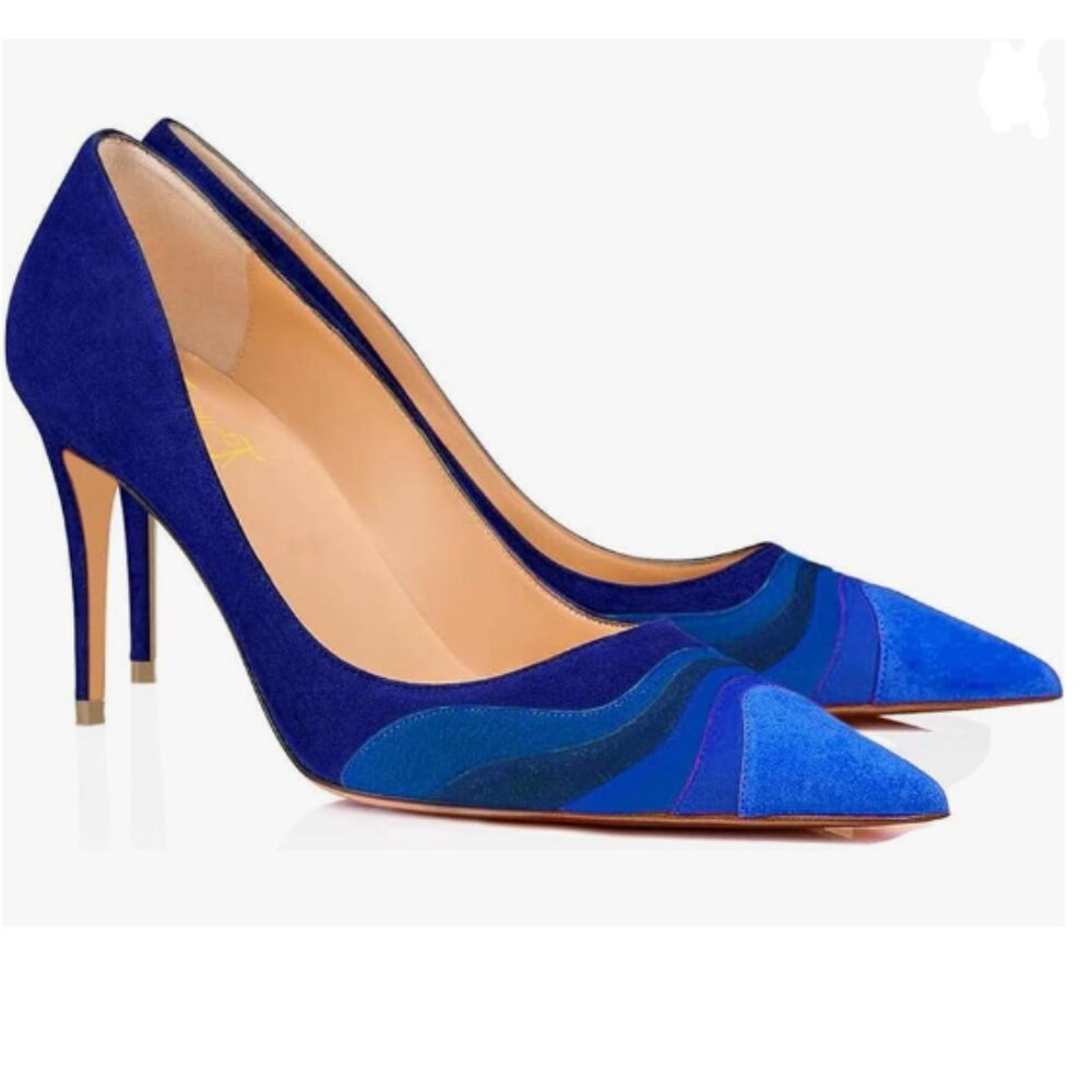 FOWT Blue High Heel Pointed Toe Pump Slip-on Rainbow Shoes for Dress Party Girl